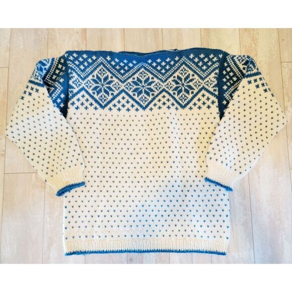 Vintage Wool Sweater‎ Nordic Snowflakes Hand Made Size Large Lt Blue Cream 80's - Picture 3 of 7